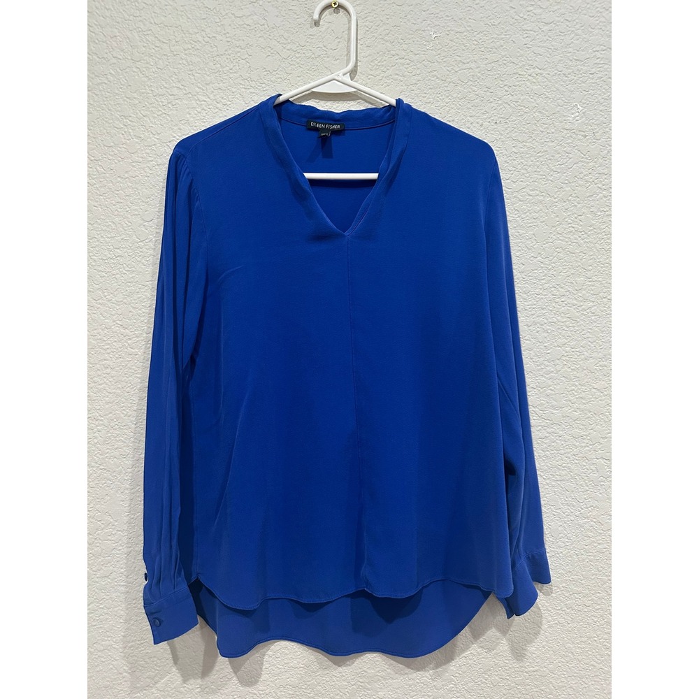 Eileen Fisher Royal Blue 100% Silk V-Neck‎ Long Sleeve Blouse XS High Low Hem